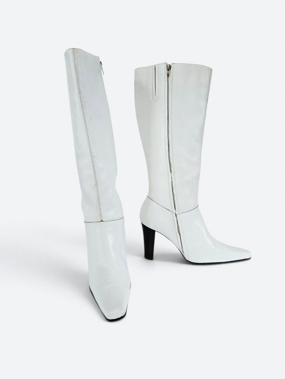 Vintage Tabita White Leather Block Heel Pointed Snip Toe Tall Go-Go Boots 10